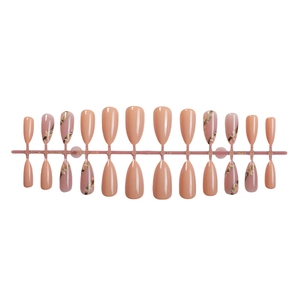 Lot de 24 faux ongles amande nude pêche avec motifs floraux sur support de présentation