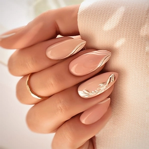Almond Press On Nails Nude Pink Gold Foil Leaf French Style Glossy Full Cover Artificial Fake Fingernails For Women