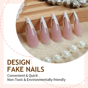 French stiletto press-on nails with white tips and gold wavy lines, 24 pieces set