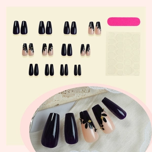 24pcs long coffin press on nails featuring dark purple and floral designs with gold studs
