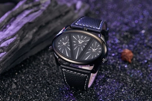 Macro detail of Oulm oversized quartz watch with three sub-dials and black leather strap
