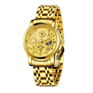 Business luxury gold stainless steel skeleton quartz watch with moon phase and roman numerals