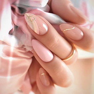 Almond Press On Nails Pink Nude Gold Glitter Heart Line Art Detachable Fake Nails For DIY Manicure Women