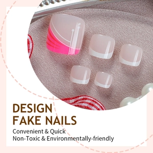 French tip fake toenails set with pink stripe accent and glossy resin finish