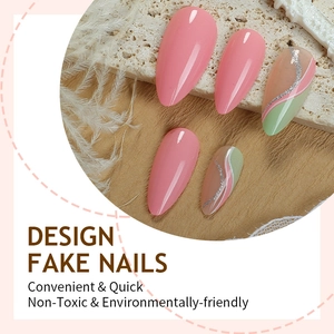 Almond press-on nails with silver line leaf design in pink and green colors