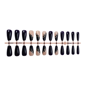 24pcs trapezoid press-on nails with black floral art and rhinestones in nude and purple