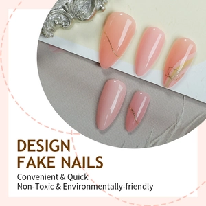 Pink almond fake nails with golden glitter heart lines for a convenient elegant manicure