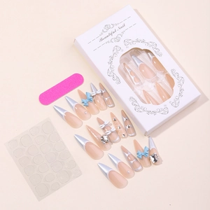 French tip press-on nails with blue 3D bow and rhinestones in long stiletto almond shape