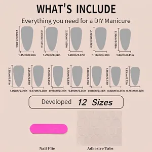 Size chart for pink almond press-on nails including twelve dimensions and tools