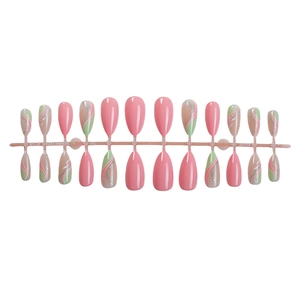 Almond press-on nails set with pink and green leaf art and silver glitter lines