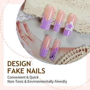 French style 3D flower long coffin press-on nails with purple glitter and spot accents