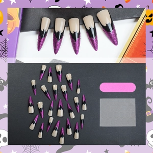 Halloween purple cat eye press-on nails with black bat design and full application kit