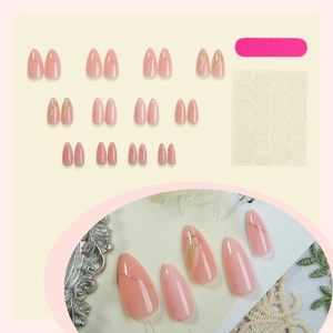 Almond pink press-on nails set with gold heart lines and glitter, 24 pieces with tools
