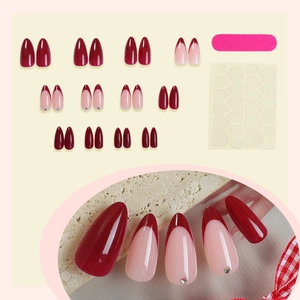 Almond burgundy press-on nails with french tip and rhinestones set including glue