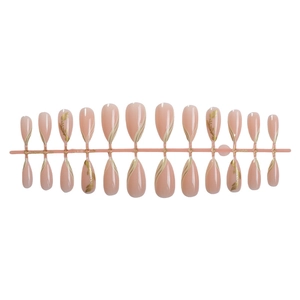 Nude almond press-on nails with gold leaf design and cream swirls on 24 piece set