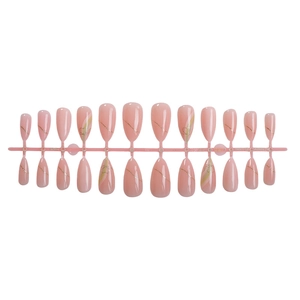 Pink almond press-on nails set with 24 pieces featuring gold glitter heart and line art