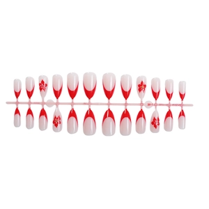 Almond red French fake nails with red flower patterns on 24pcs nude press-on nail set