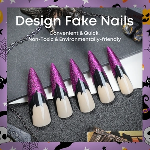 Halloween purple glitter cat eye stiletto fake nails with black drip and bat elements