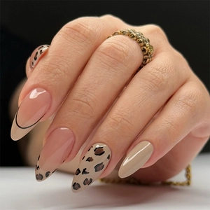 French Leopard Print Press On Nails Almond Fake Nails Nude Pink Black Edge Artificial Finger Nails For Women