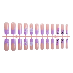 3D purple floral french long coffin press-on nails with leopard and ripple patterns