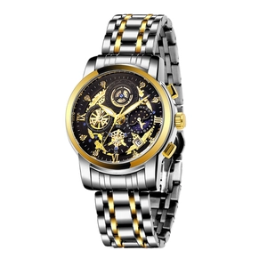 Luxury black hollow dial men's quartz watch with silver and gold stainless steel band
