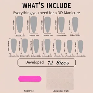 Size chart for French long stiletto press-on nails with bow and rhinestone kit details