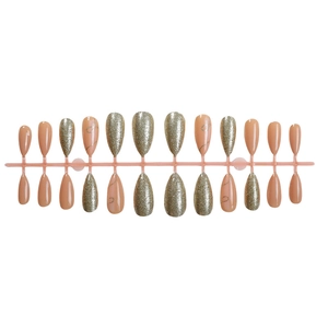 French nude almond press-on nails with gold glitter and minimalist curved line accents