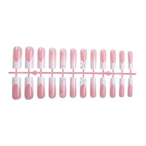 French long coffin press-on nails with pink gradient, 3D bows, and white pearls