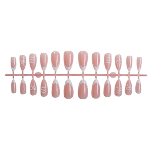 French almond press-on nails with 3D white bows and pink translucent base