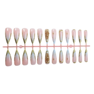 3D pink to blue gradient press-on nails with golden stream lines and angel embossed patterns