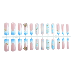 Long square gradient press-on nails with 3D blue flowers and gold butterfly charms