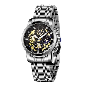 Business men's watch featuring a hollow black dial with silver stainless steel band