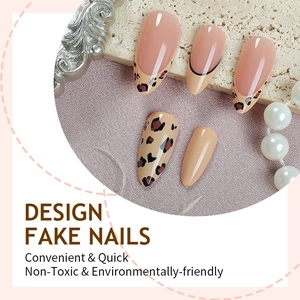 French leopard print almond press-on nails with nude and brown color blocking design