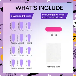 Size guide for Halloween cat eye purple bat press on nails with 12 sizes and accessories