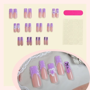 French press-on nails set with purple floral relief and leopard patterns