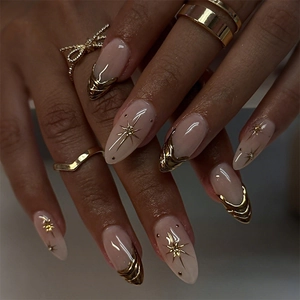 Press On Nails Almond Gold Gilded French Cat Eye Effect Rhinestone False Nails For Women With Adhesive Tabs And File