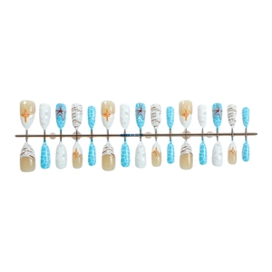 3D ocean-themed press-on nails with starfish and pearls in almond shape, 24pcs XRT-257