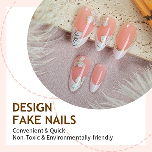 Almond fake nails with 3D white flowers and French tips on pink base, 24pcs set