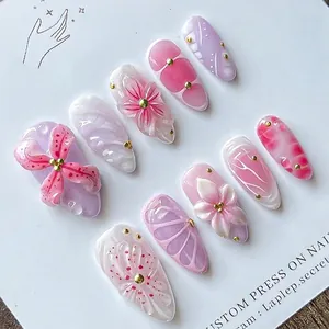 Handgemachte 3D Harz Künstliche Nägel Blumendruck Verlauf Pink Violett Frischer Stil Dekorative Nagelpatches Für Damen Alltag Party