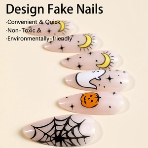 Halloween press-on nails with pumpkin ghost and spider web designs on long oval tips