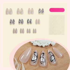 24-piece almond fake nails featuring nude tones and metallic butterfly wing designs