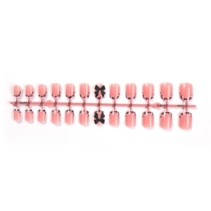 24pcs short square press-on nails with pink leopard French tips and 3D black bows