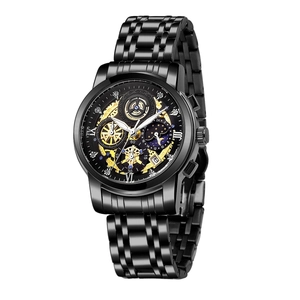 Fashion hollow-out quartz men watch with black steel strap and moon phase display