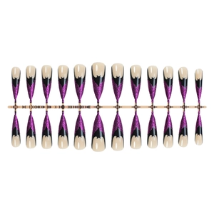 Halloween purple glitter cat eye press-on nails with black bat designs on stiletto tips