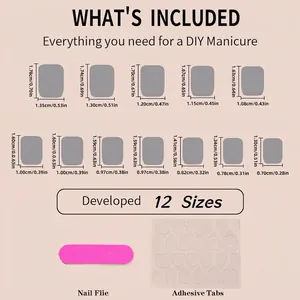 Short square press-on nails set size chart with leopard pattern and bow details