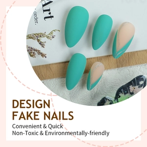 French tip press-on nails with green matte finish and silver glitter stripe design