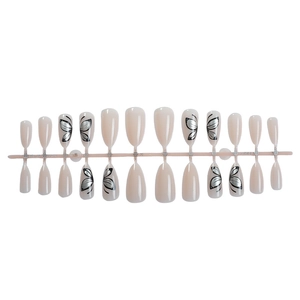 Almond shaped nude pink press-on nails with silver butterfly patterns, set of 24 pieces
