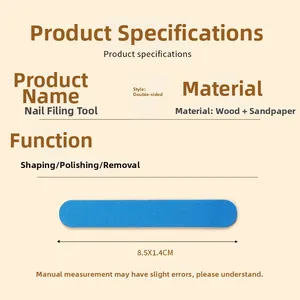 Detail view of double-sided blue wood nail file with 8.5x1.4cm dimensions for manicure