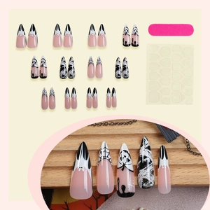 Halloween long stiletto press-on nails with bats and skull designs, 24-piece full set