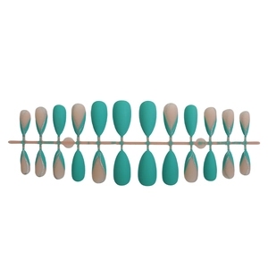 24-piece long almond press-on nails in matte peacock green and silver glitter French style